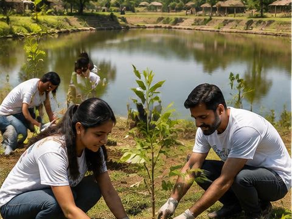 Volunteers planting trees beside a restored village pond