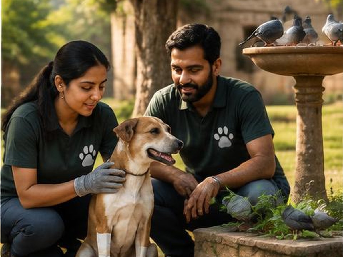 Animal welfare volunteers caring for a rescued dog and birds