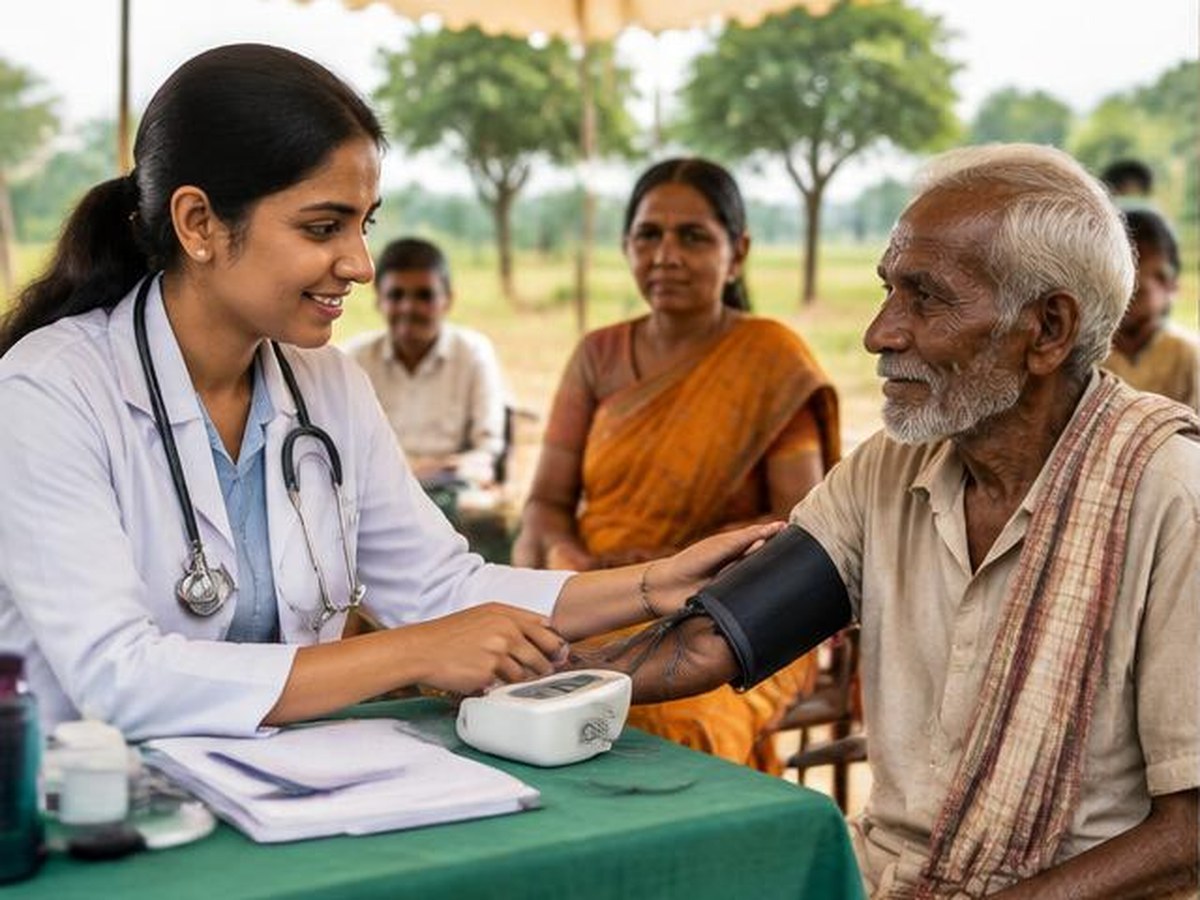 Doctor checking an elderly patient at a rural medical camp