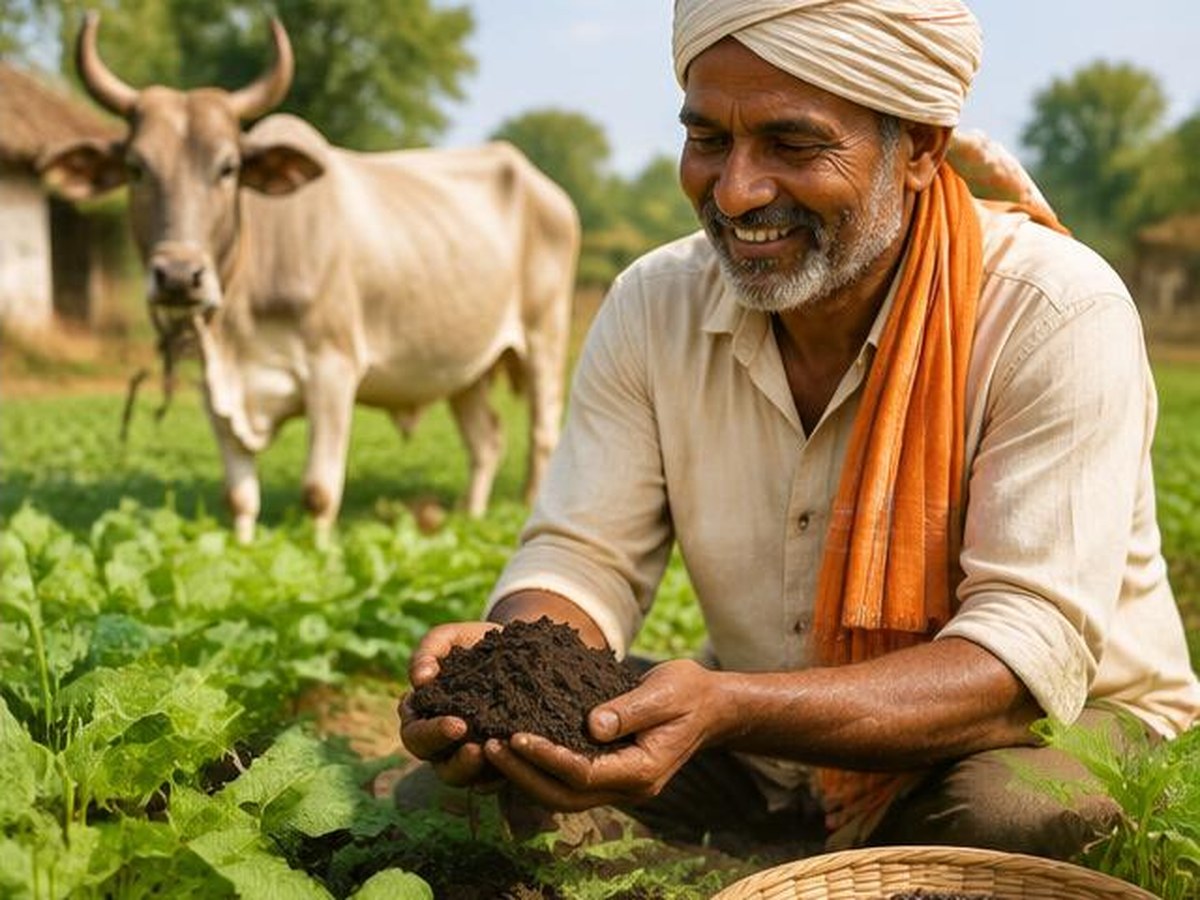 Farmer practicing natural agriculture beside healthy crops
