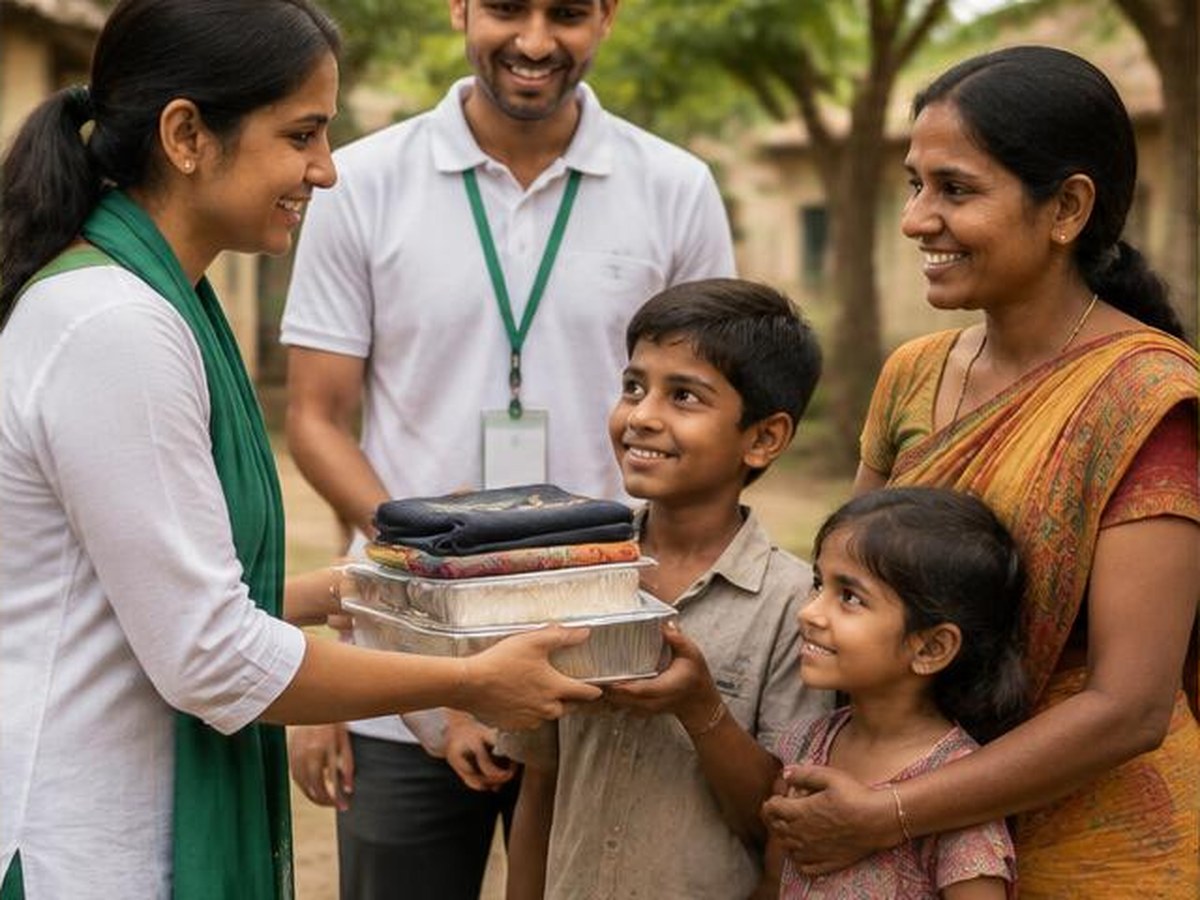 Volunteers delivering food and clothing to a family