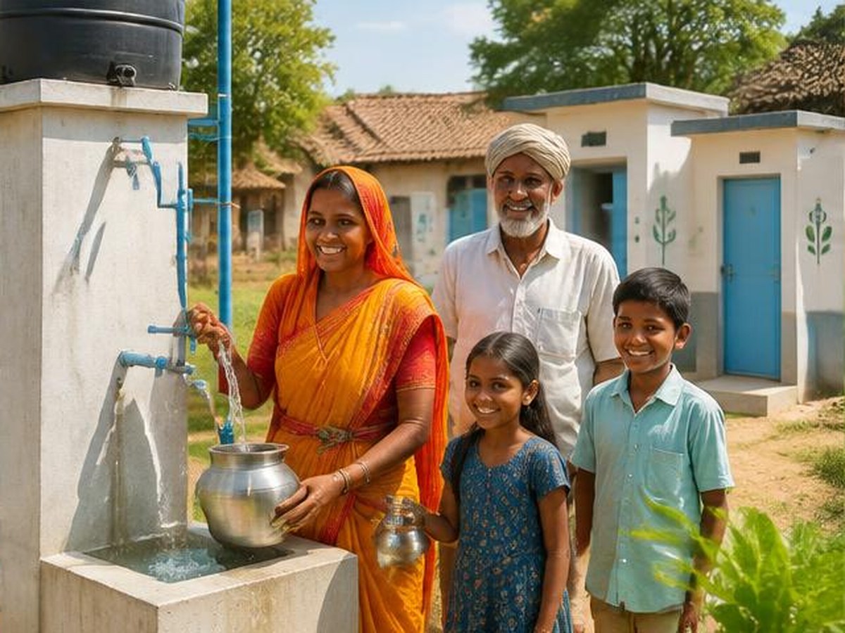 Village family using a new clean drinking-water station