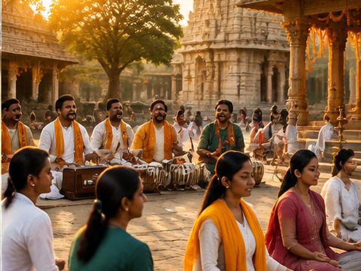 Community bhajan and meditation gathering at a temple