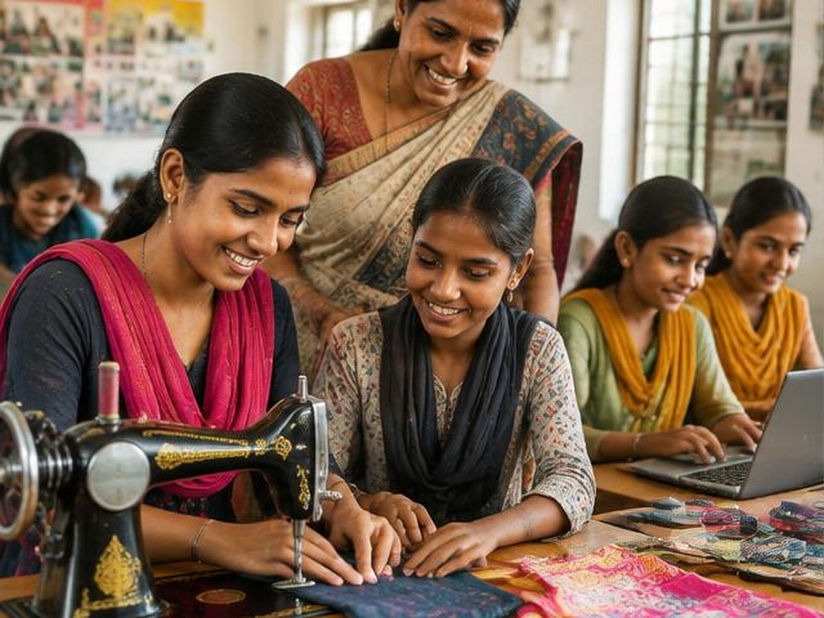 Women learning tailoring and digital skills together
